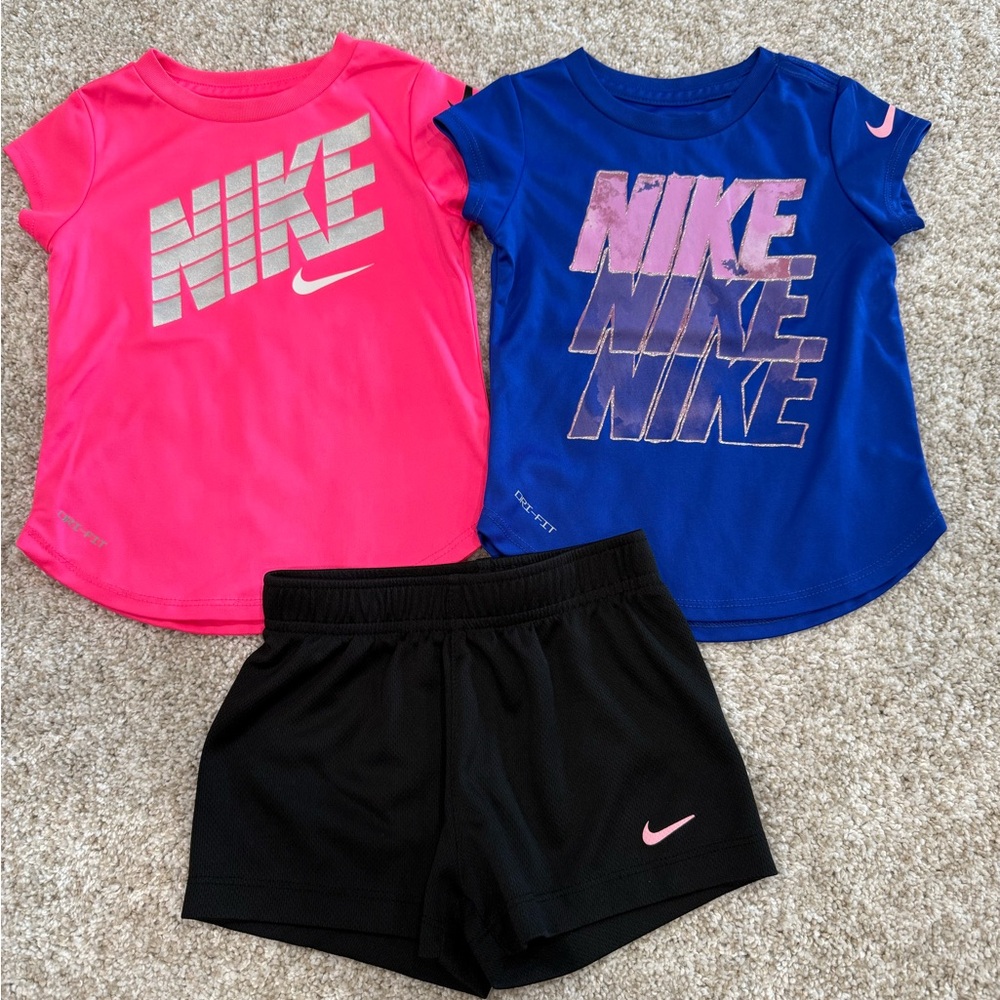 Nike Girls Pink and Blue T Shirts with Black Shorts
